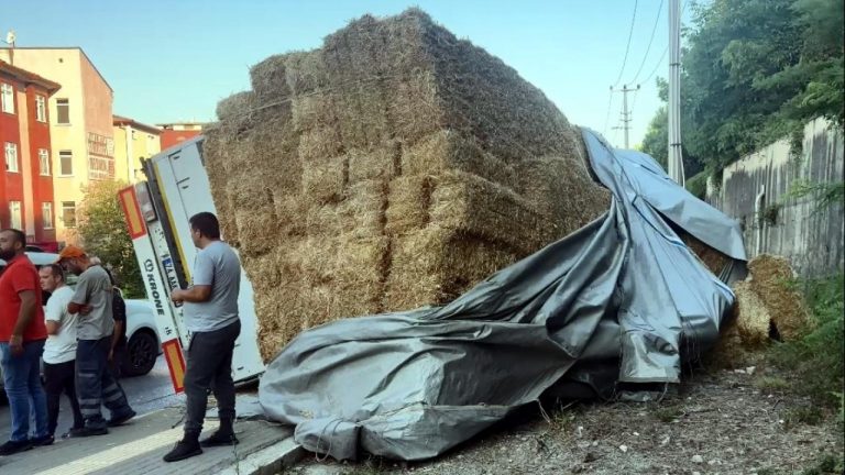 Bartın’da saman yüklü kamyon devrildi